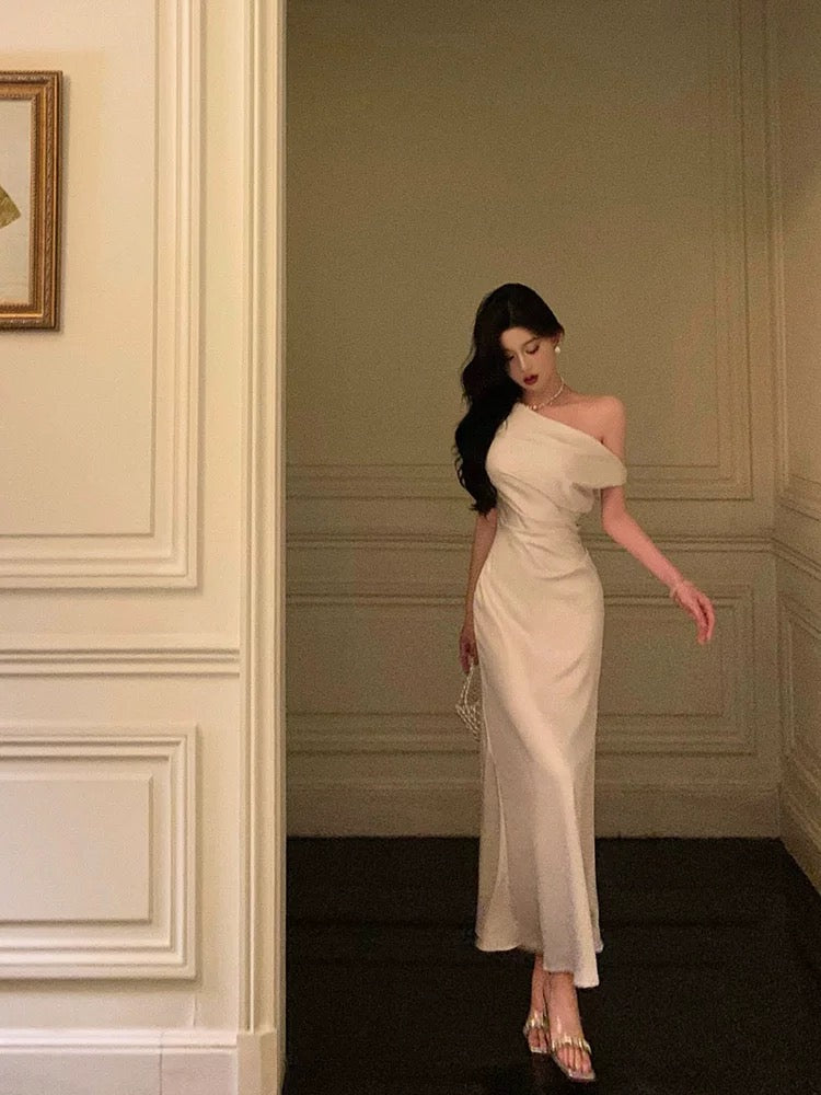 Sexy Mermaid One Shoulder Off the Shoulder Satin White Prom Dresses Birthday Outfits