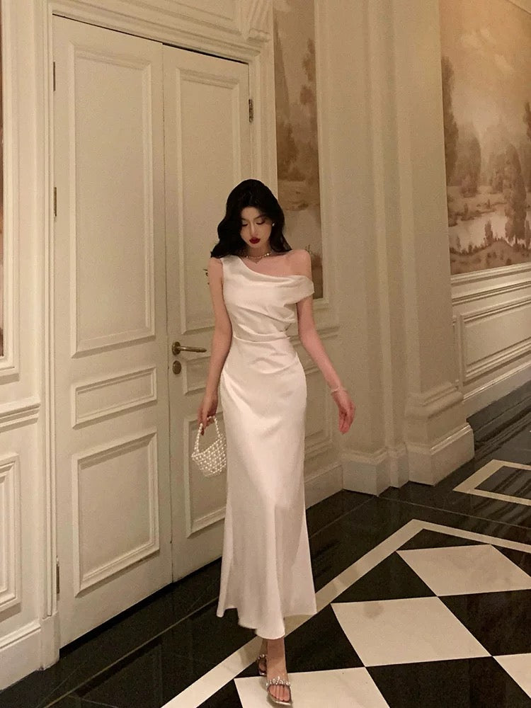 Sexy Mermaid One Shoulder Off the Shoulder Satin White Prom Dresses Birthday Outfits