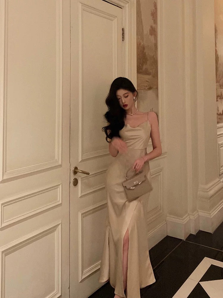 Sexy Sheath Spaghetti Straps Champagne Slit Prom Dresses Long Birthday Outfit - View 5 | FashionDia