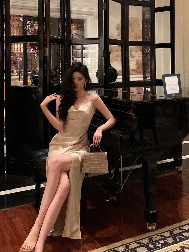 Sexy Sheath Spaghetti Straps Champagne Slit Prom Dresses Long Birthday Outfit - View 4 | FashionDia