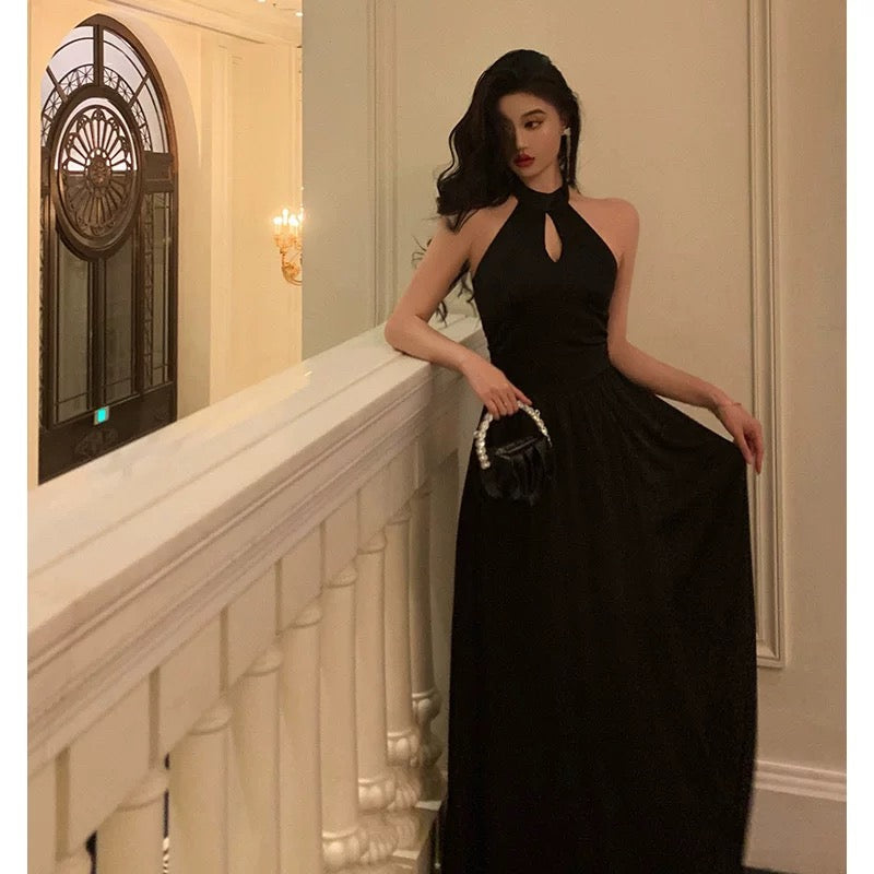 French A Line Halter Sleeveless Black Prom Dresses Birthday Outfits