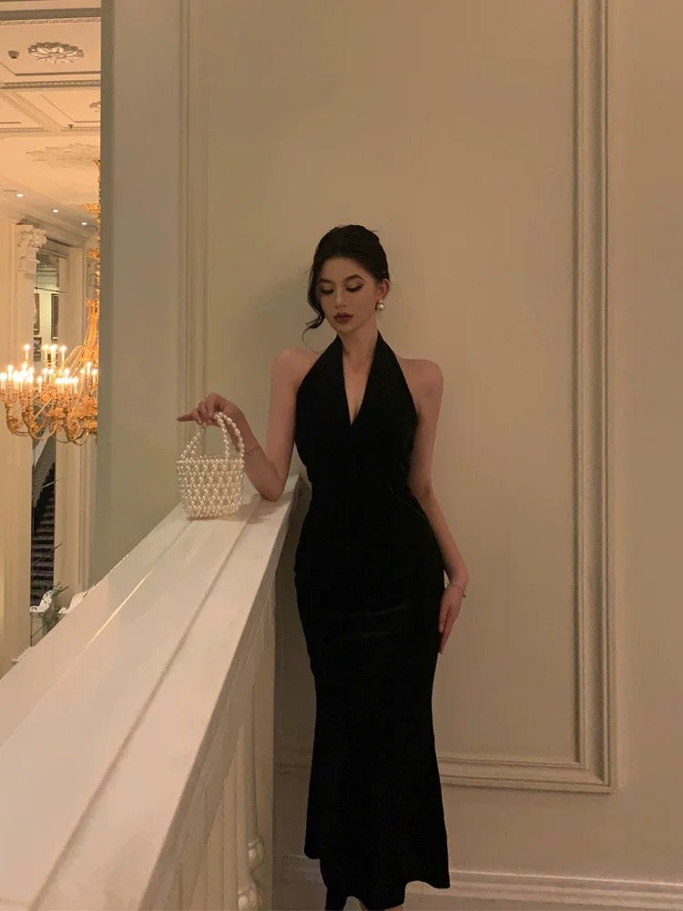 Sexy Sheath Halter Sleeveless Black Velvet Tea Length Prom Dresses Birthday Outfits