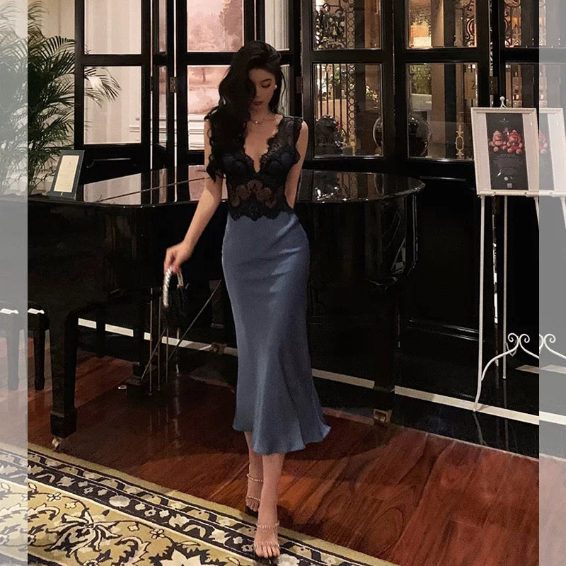 Sexy Sheath V Neckline Sleeveless Navy Blue Tea-Length Prom Dresses Birthday Outfits - View 4 | FashionDia