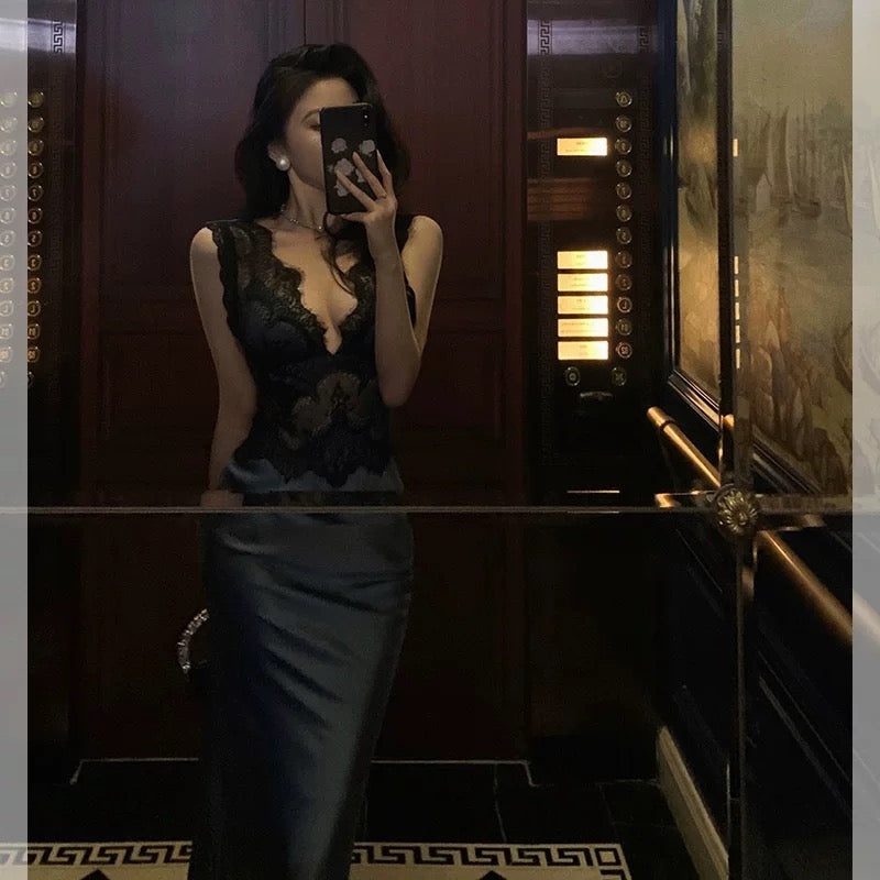 Sexy Sheath V Neckline Sleeveless Navy Blue Tea-Length Prom Dresses Birthday Outfits - View 2 | FashionDia