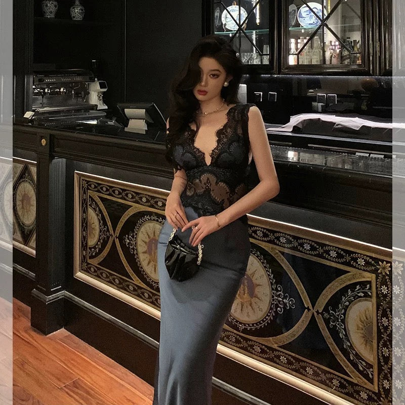 Sexy Sheath V Neckline Sleeveless Navy Blue Tea-Length Prom Dresses Birthday Outfits - View 3 | FashionDia