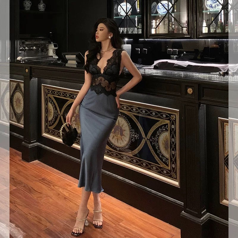 Sexy Sheath V Neckline Sleeveless Navy Blue Tea-Length Prom Dresses Birthday Outfits - FashionDia