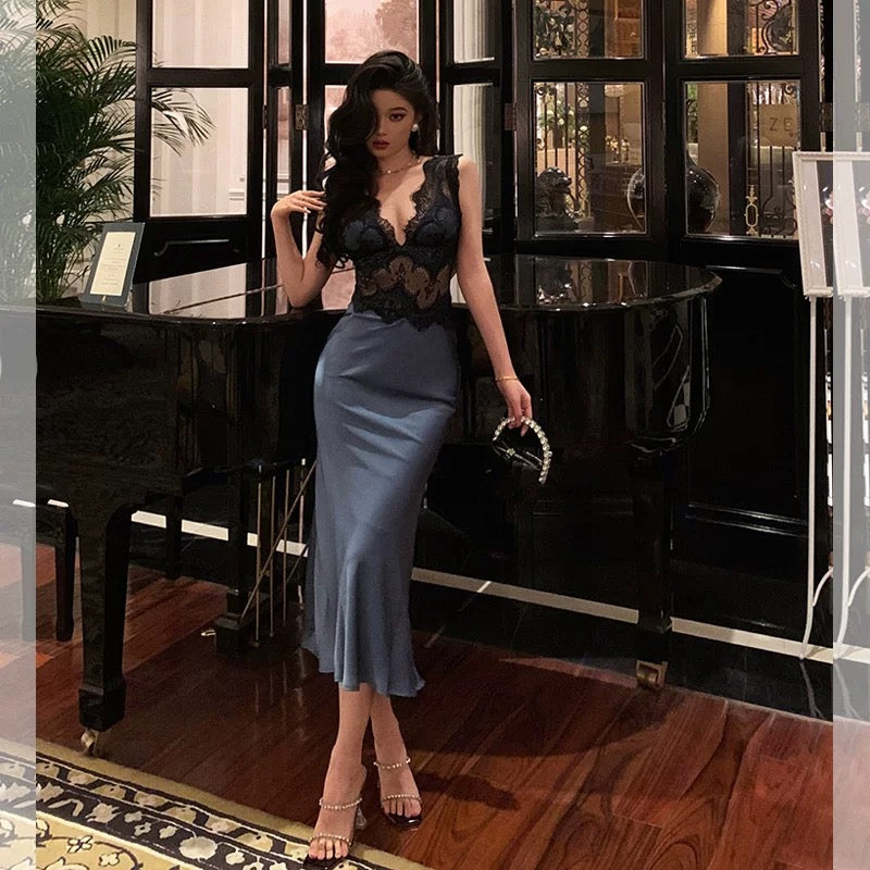 Sexy Sheath V Neckline Sleeveless Navy Blue Tea-Length Prom Dresses Birthday Outfits - View 5 | FashionDia