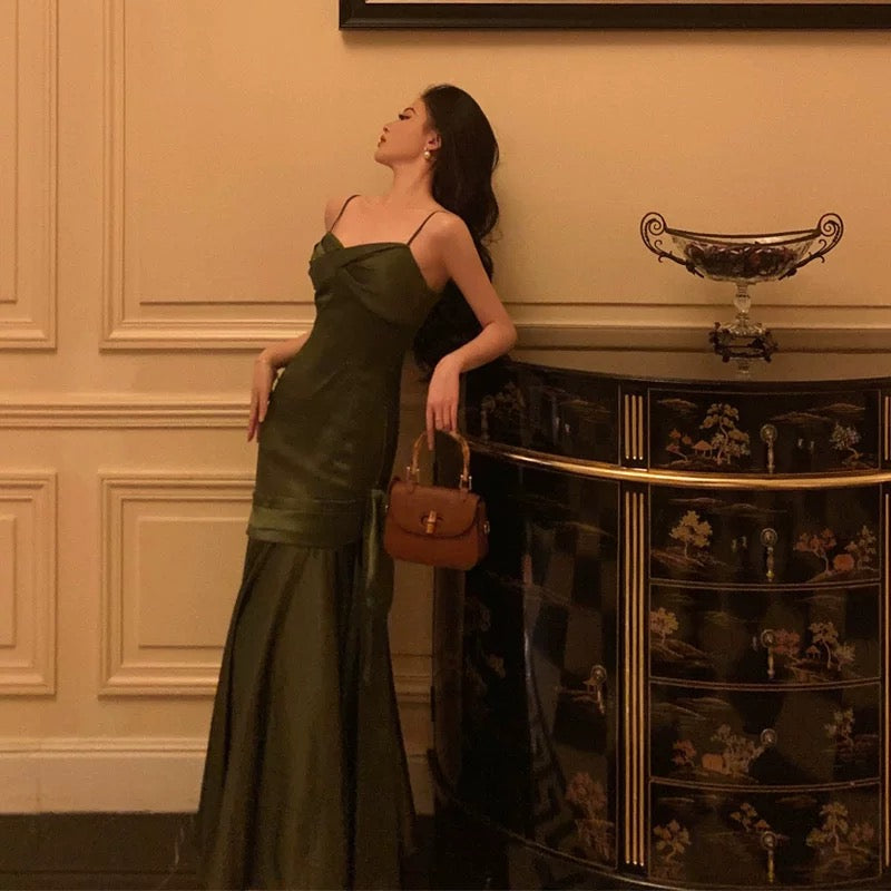 Sexy Mermaid Spaghetti Straps Olive Green Satin Long Prom Dresses Birthday Outfit