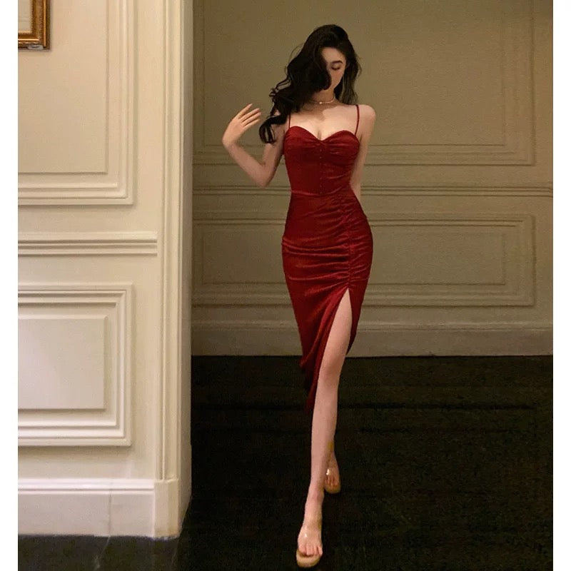 Gorgeous Sheath Spaghetti Straps Red Sleeveless Velvet Date Night Dress Prom Dresses Birthday Outfit - FashionDia