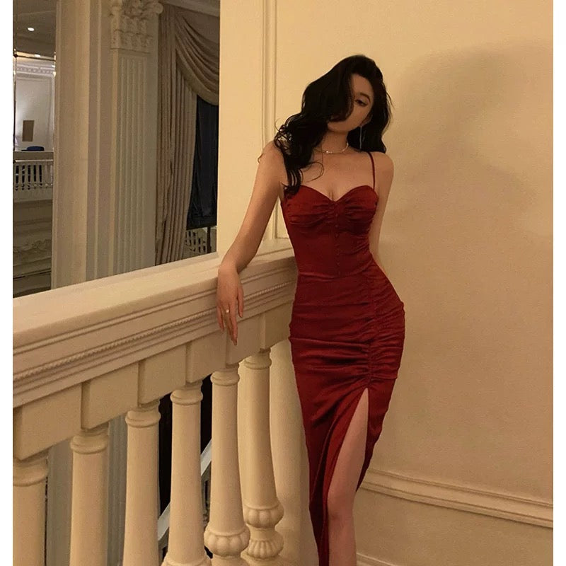 Gorgeous Sheath Spaghetti Straps Red Sleeveless Velvet Date Night Dress Prom Dresses Birthday Outfit - View 4 | FashionDia