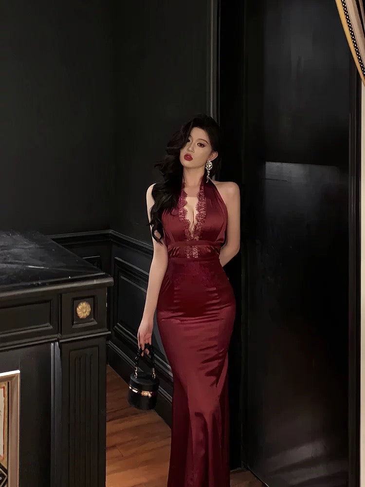 Gorgeous Sheath Halter Burgundy Sleeveless Lace Date Night Dress Prom Dresses Birthday Outfit - View 3 | FashionDia