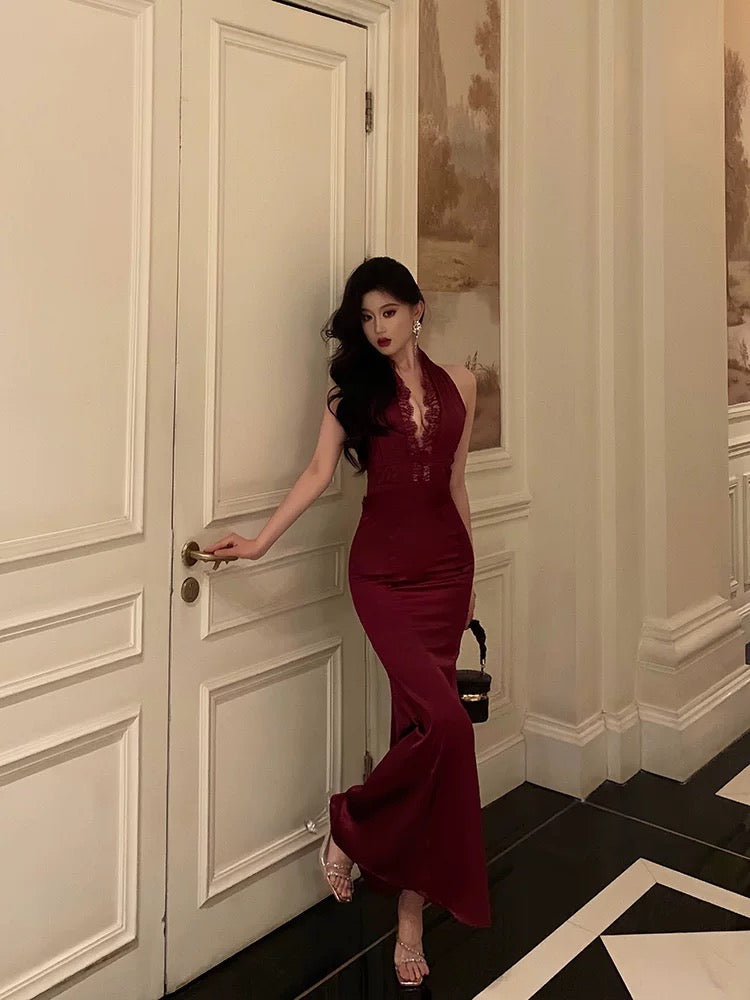Gorgeous Sheath Halter Burgundy Sleeveless Lace Date Night Dress Prom Dresses Birthday Outfit - FashionDia