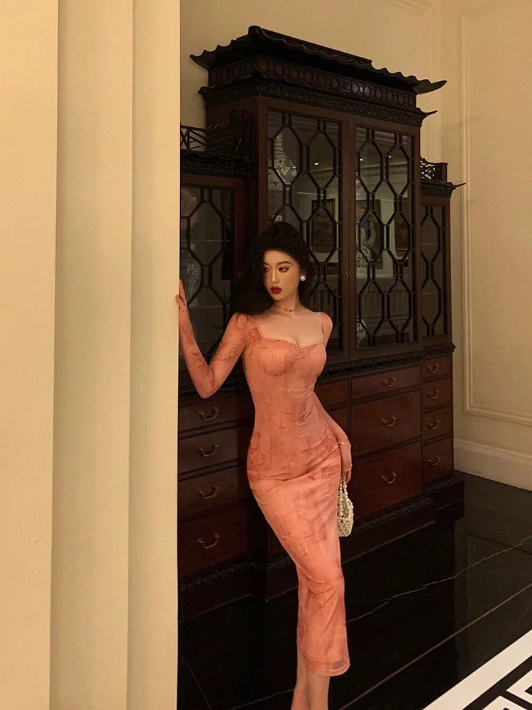 French Sheath Square Neckline Long Sleeves Pink Lace Prom Dresses Birthday Outfits
