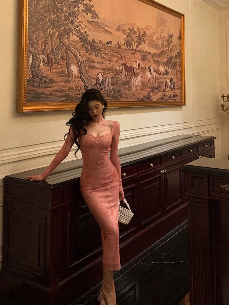 French Sheath Square Neckline Long Sleeves Pink Lace Prom Dresses Birthday Outfits