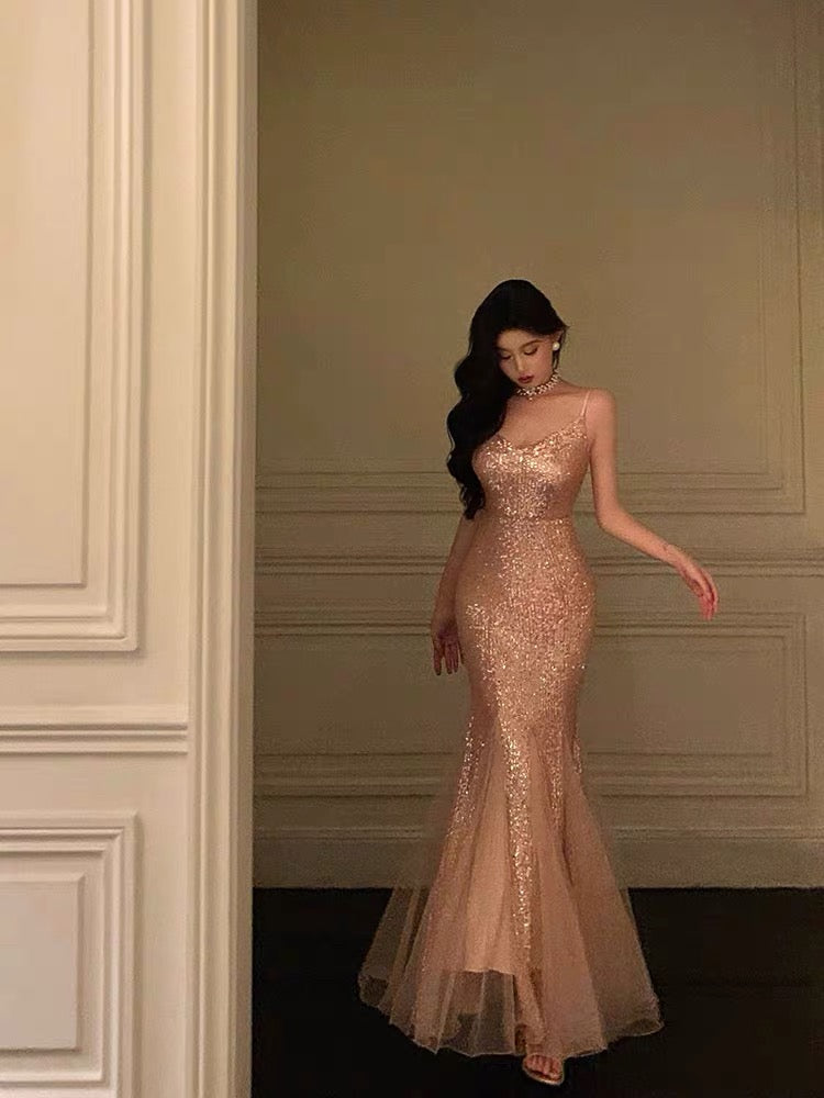 French Mermaid Spaghetti Straps Sequin Sleeveless Long Prom Dresses Birthday Outfits