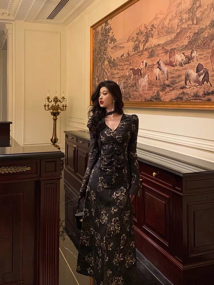 Pretty French A line Long Sleeves V Neckline Black Floral Prom Dresses Birthday Outfits