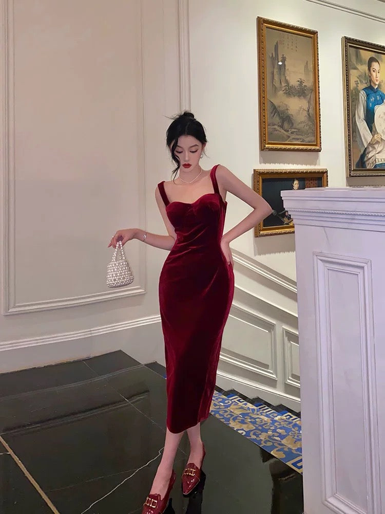 Simple Sheath Straps Burgundy Velvet Date Night Dress Prom Dresses Birthday Outfit