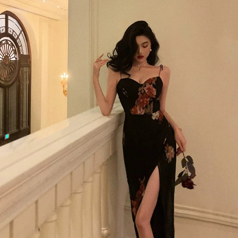 Sexy Sheath Spaghetti Straps Black Floral Slit Prom Dresses Birthday Outfits