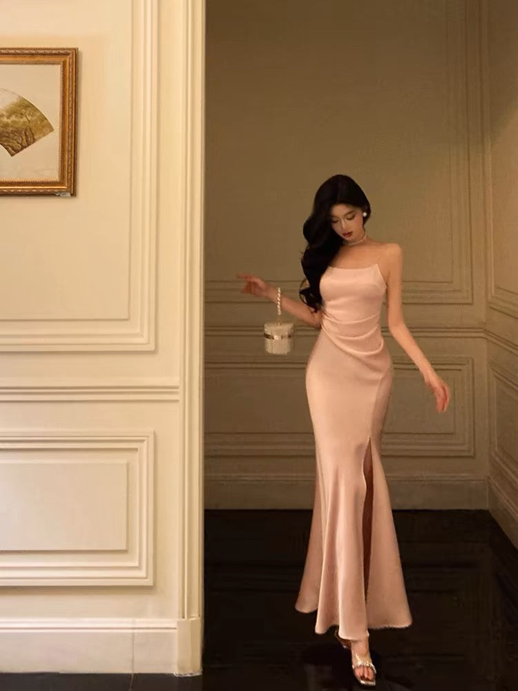 Gorgeous Sheath Spaghetti Straps Long Pink Slit Satin Date Night Dress Prom Dresses Birthday Outfit