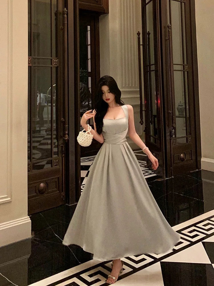 Gorgeous A line Straps Date Night Dress Dusty Gray Satin Prom Dresses Birthday Outfit