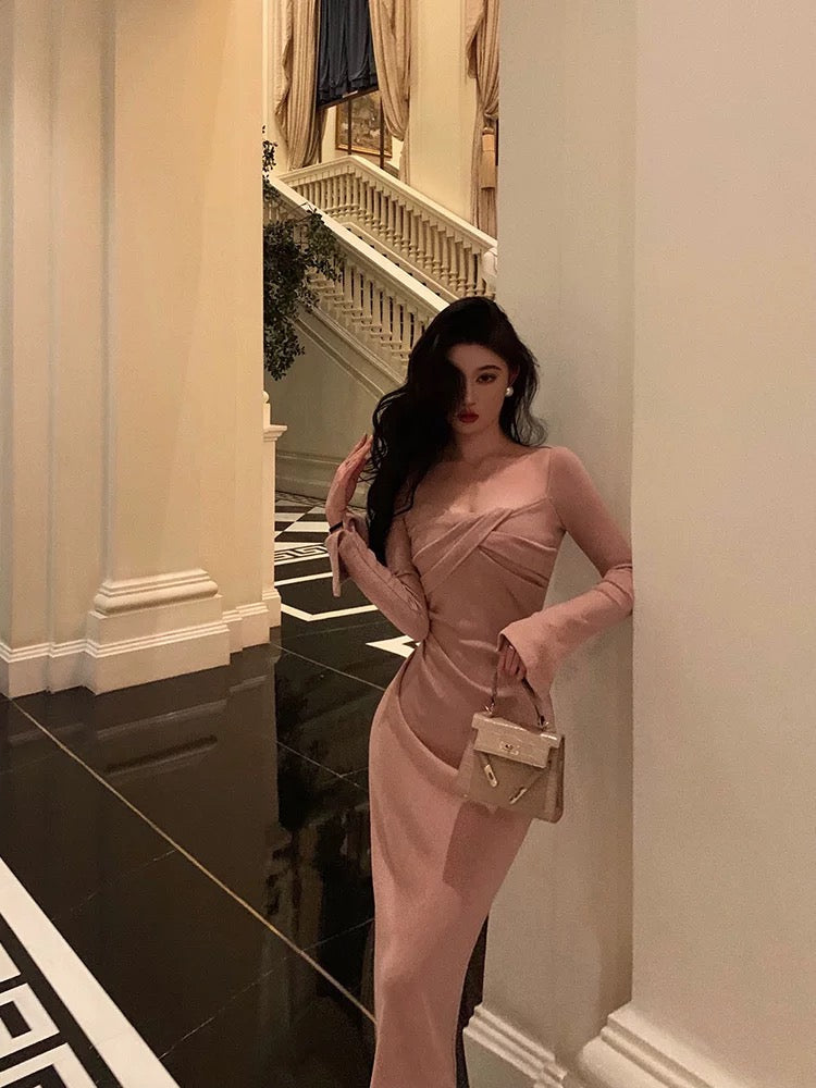Classy Sheath Square Neckline Long Sleeves Pink Prom Dresses Birthday Outfits