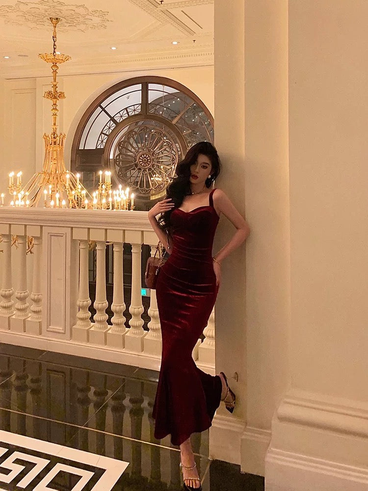 Sexy Sheath Square Neckline Burgundy Velvet Date Night Dress Prom Dresses Birthday Outfits - View 5 | FashionDia