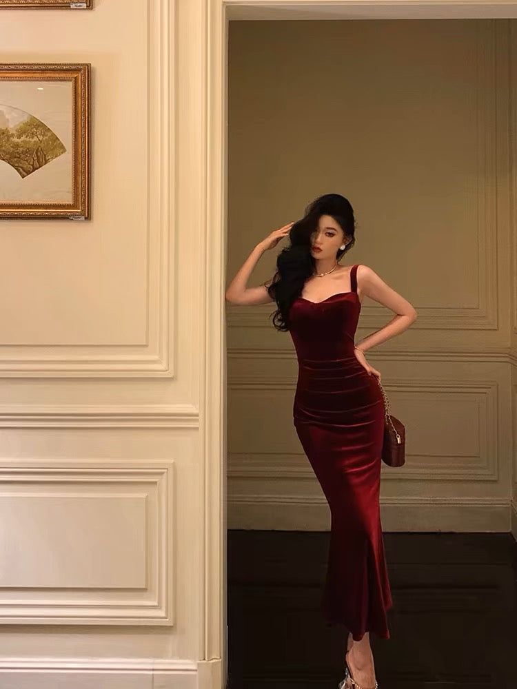 Sexy Sheath Square Neckline Burgundy Velvet Date Night Dress Prom Dresses Birthday Outfits - View 2 | FashionDia