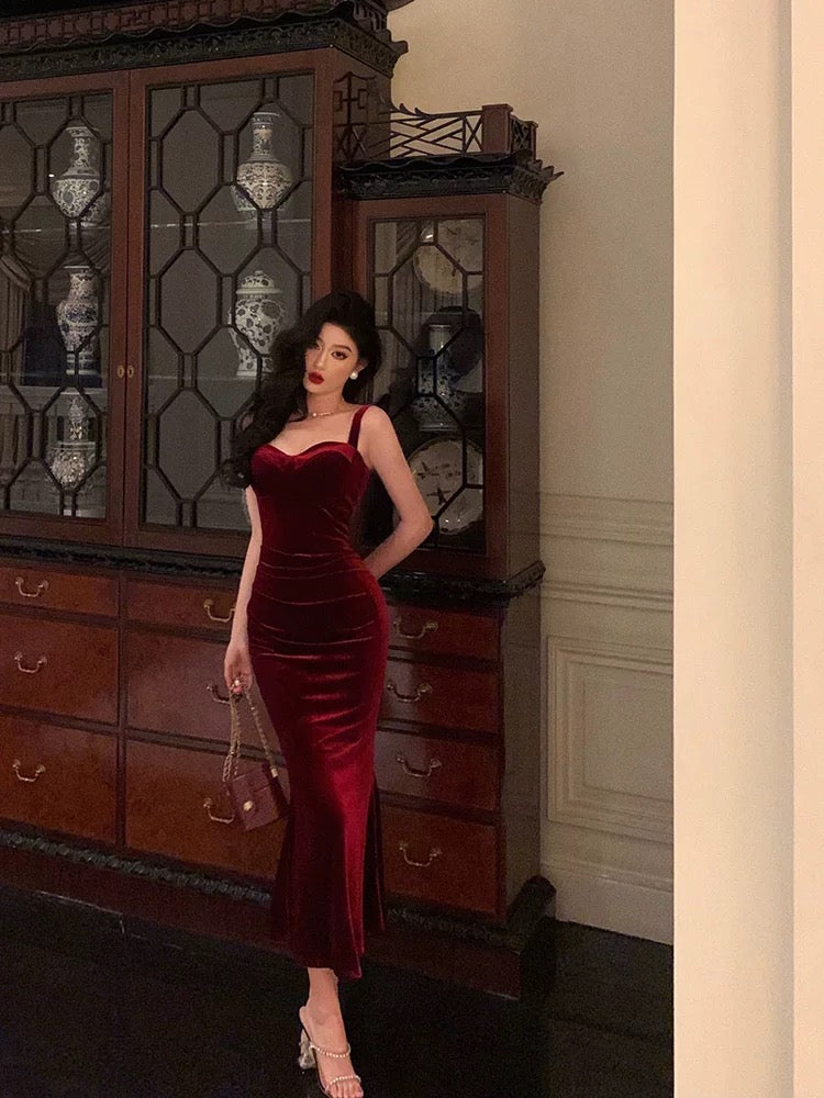 Sexy Sheath Square Neckline Burgundy Velvet Date Night Dress Prom Dresses Birthday Outfits