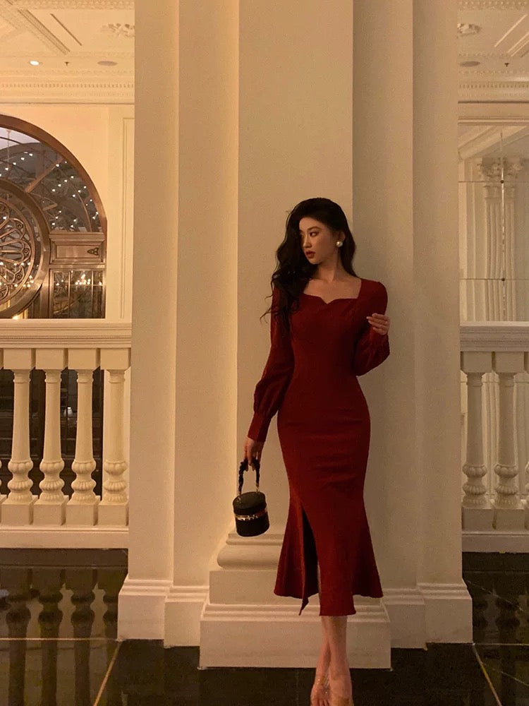 Sexy Sheath Square Neckline Red Date Night Dress Prom Dresses Birthday Outfit - View 2 | FashionDia