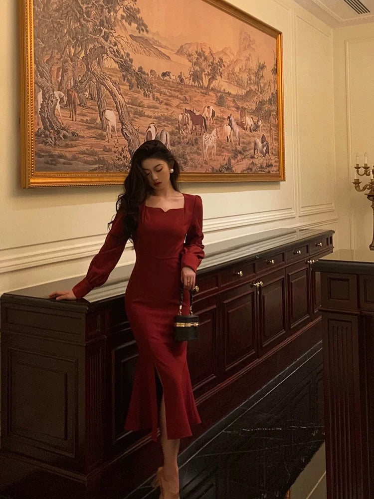 Sexy Sheath Square Neckline Red Date Night Dress Prom Dresses Birthday Outfit