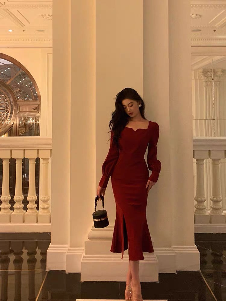 Sexy Sheath Square Neckline Red Date Night Dress Prom Dresses Birthday Outfit - View 3 | FashionDia