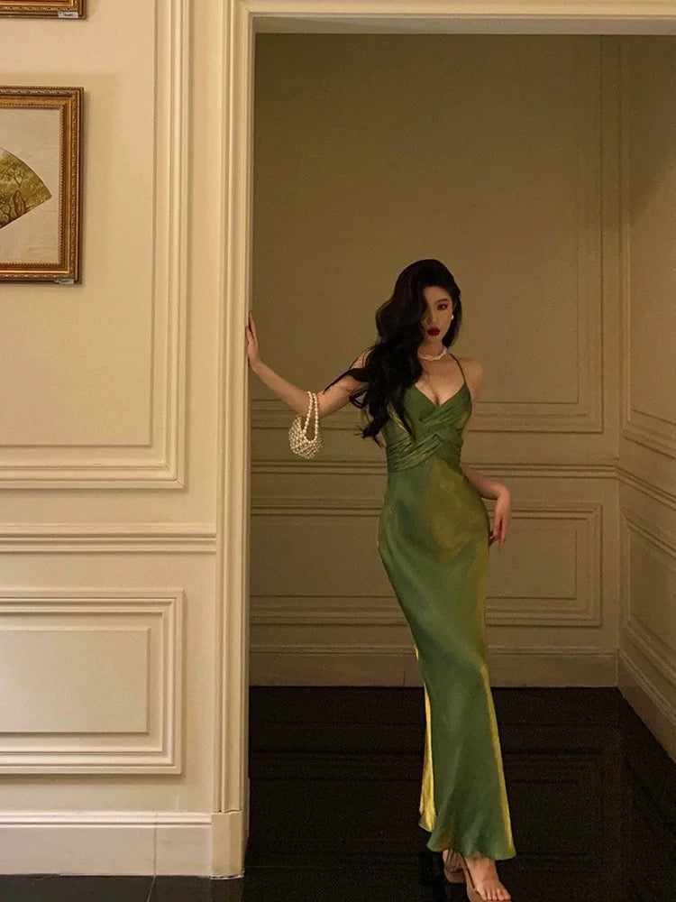 Sexy Sheath Halter Green Satin Date Night Dress Prom Dresses Birthday Outfits