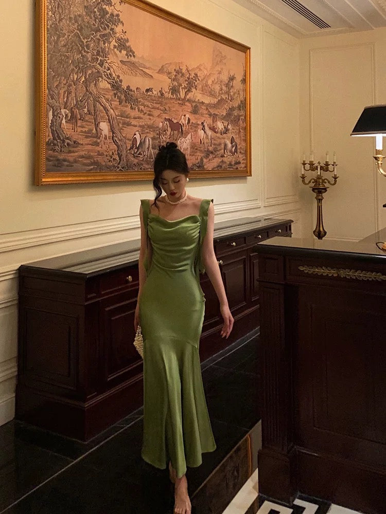 Classy Mermaid Straps Green Satin Prom Dresses Birthday Outfits