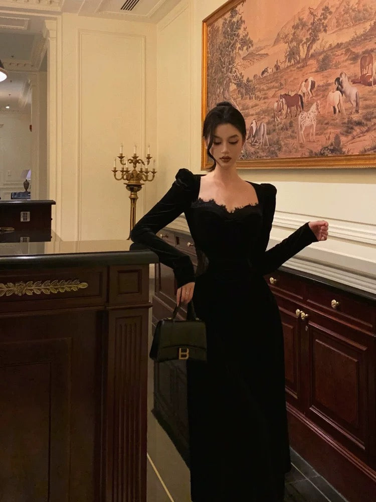 Sexy A-Line Square neckline Long Sleeves Velvet Lace Date Night Dress Prom Dresses Birthday Outfits - View 3 | FashionDia
