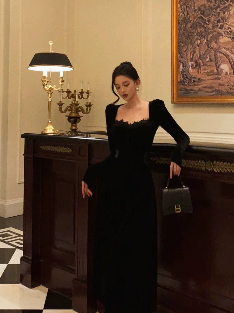 Sexy A line Square neckline Long Sleeves Velvet Lace Date Night Dress Prom Dresses Birthday Outfits