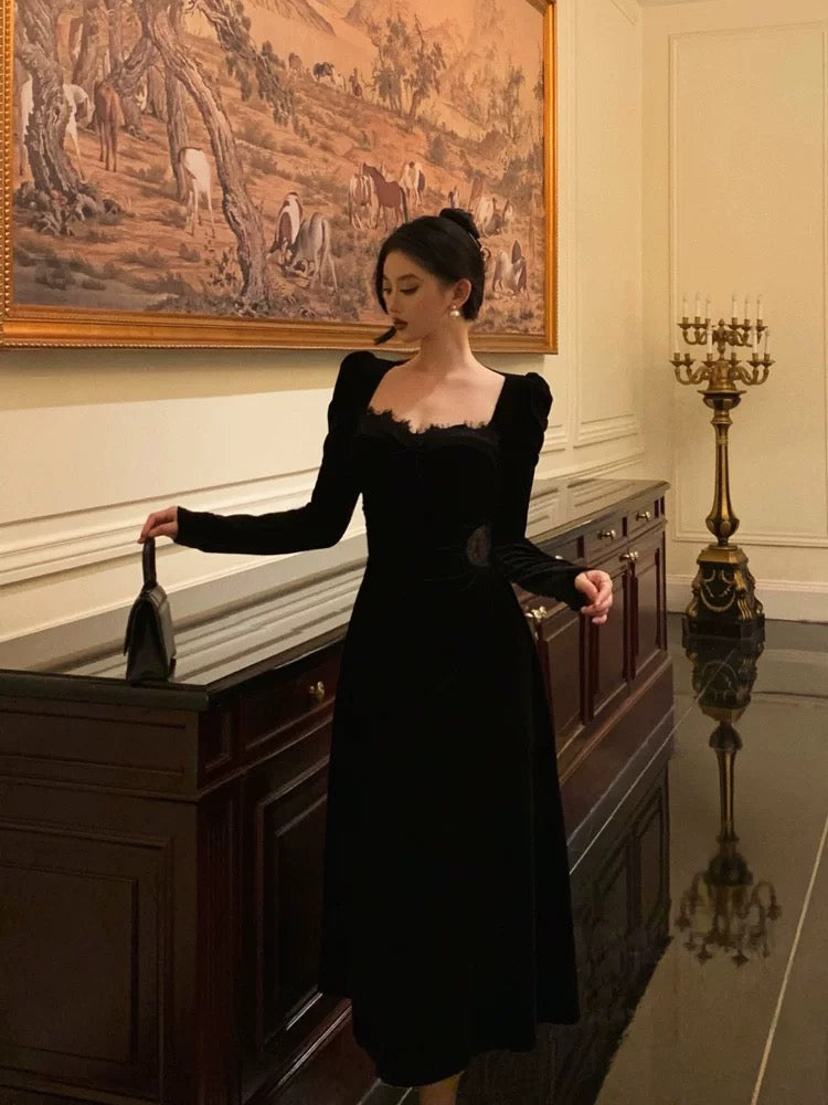 Sexy A-Line Square neckline Long Sleeves Velvet Lace Date Night Dress Prom Dresses Birthday Outfits - View 2 | FashionDia