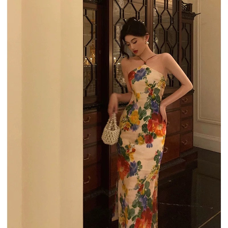 Stunning Sheath Halter Sleeveless Floral Date Night Dress Prom Dresses Birthday Outfit - View 2 | FashionDia