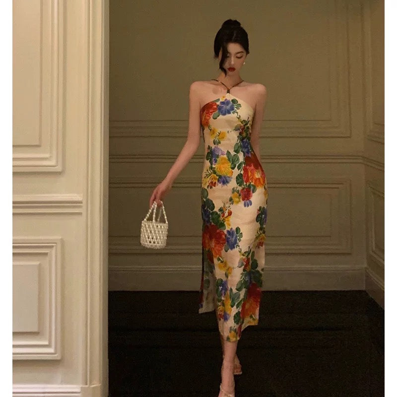 Stunning Sheath Halter Sleeveless Floral Date Night Dress Prom Dresses Birthday Outfit - View 3 | FashionDia