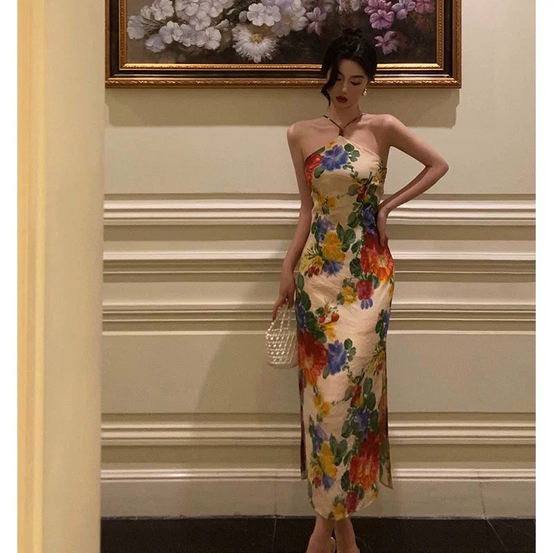 Stunning Sheath Halter Sleeveless Floral Date Night Dress Prom Dresses Birthday Outfit - View 5 | FashionDia
