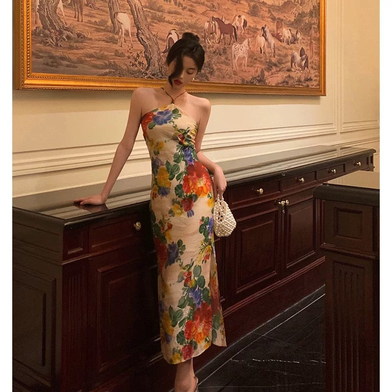Stunning Sheath Halter Sleeveless Floral Date Night Dress Prom Dresses Birthday Outfit