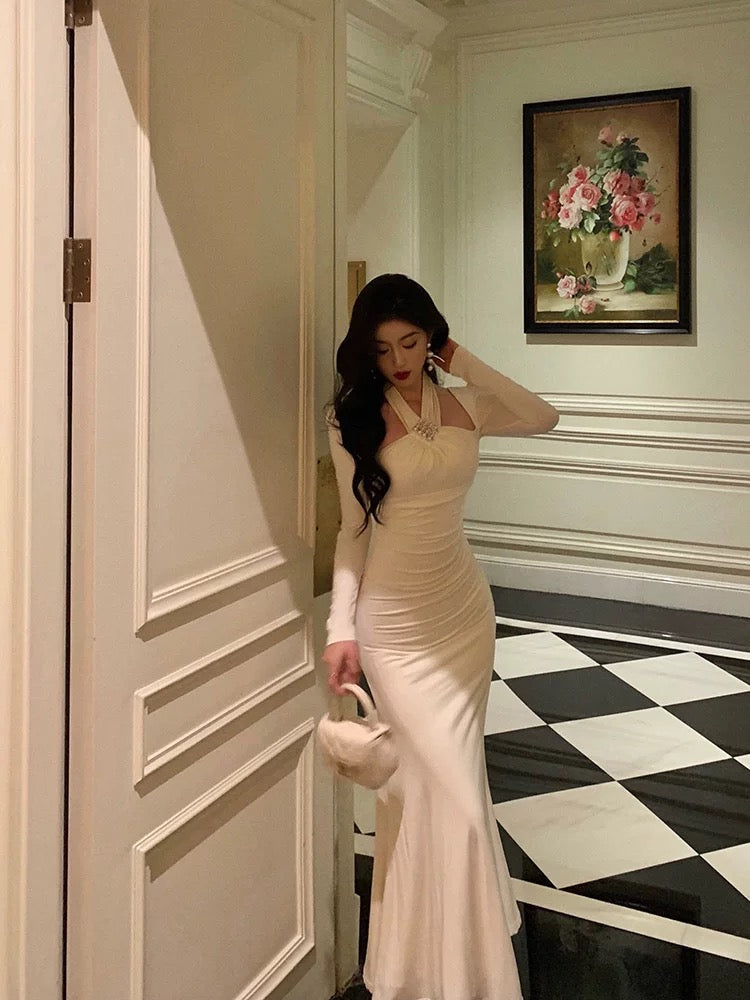 Stunning Sheath Halter Long Sleeves White Date Night Dress Ruffles Prom Dresses Birthday Outfit - View 2 | FashionDia