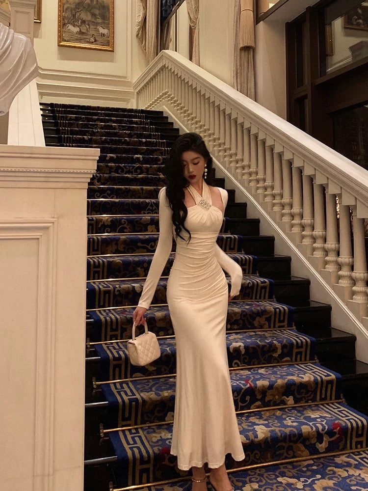 Stunning Sheath Halter Long Sleeves White Date Night Dress Ruffles Prom Dresses Birthday Outfit - View 5 | FashionDia