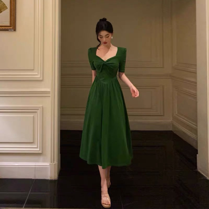 Stunning A Line Square Neckline Half Sleeves Dark Green Pleated Prom Dresses Birthday Outfit