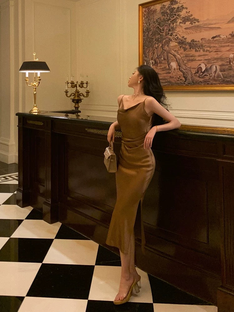 Sexy Sheath Spaghetti Straps Brown Satin Tea-Length Slit Prom Dresses Birthday Outfit - View 4 | FashionDia