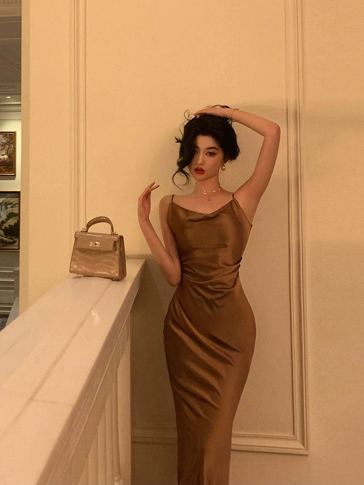 Sexy Sheath Spaghetti Straps Brown Satin Tea-Length Slit Prom Dresses Birthday Outfit - View 3 | FashionDia