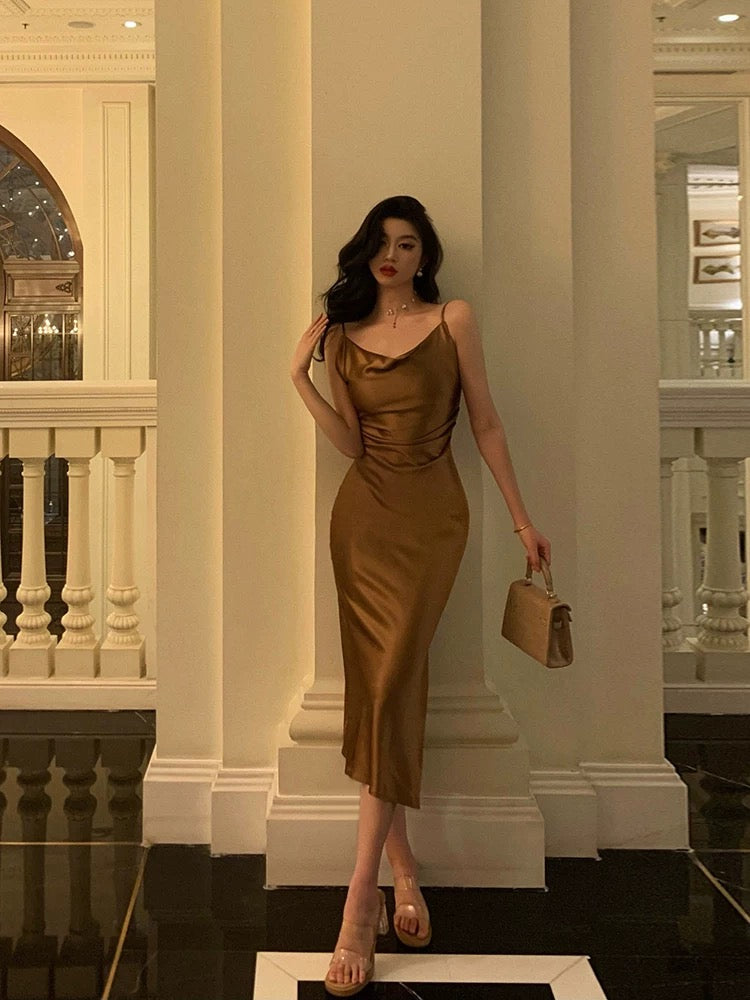 Sexy Sheath Spaghetti Straps Brown Satin Tea-Length Slit Prom Dresses Birthday Outfit - View 5 | FashionDia