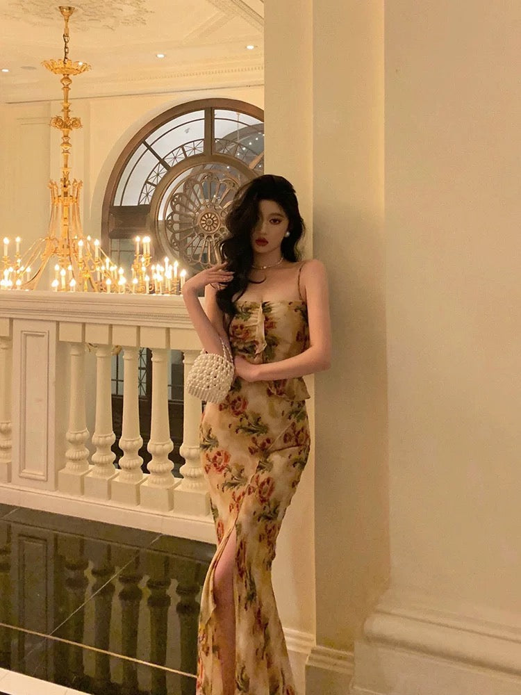 Sexy Mermaid Spaghetti Straps Floral Slit Long Prom Dresses Birthday Outfit - View 5 | FashionDia