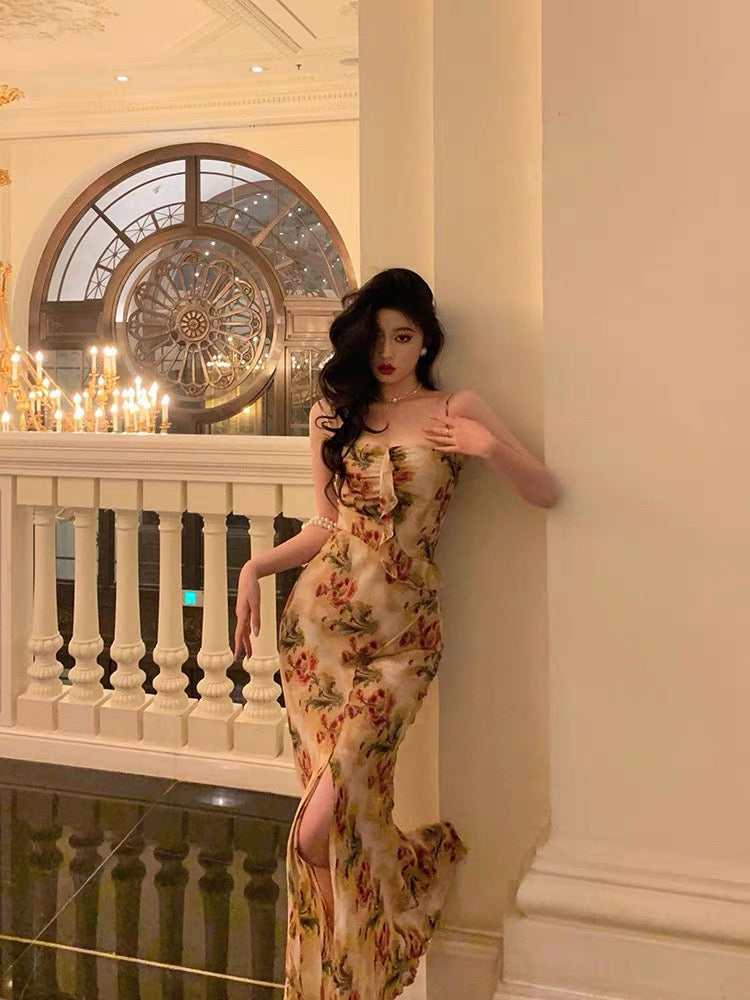 Sexy Mermaid Spaghetti Straps Floral Slit Long Prom Dresses Birthday Outfit