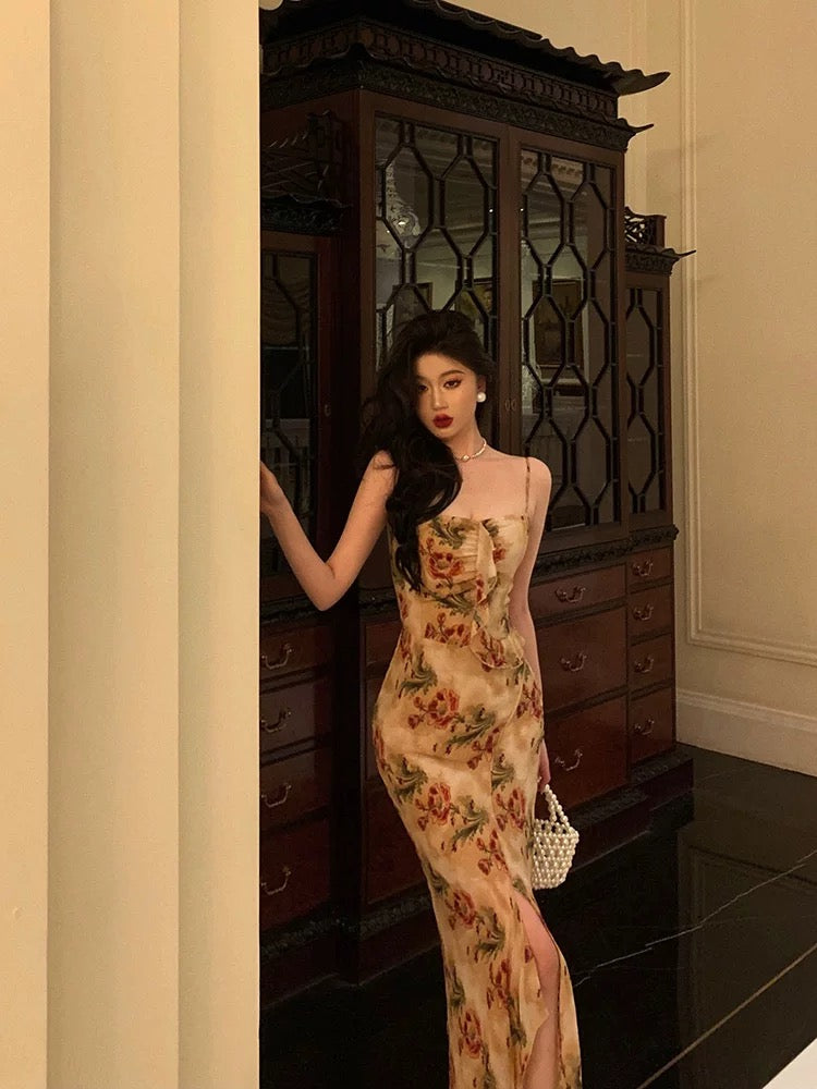 Sexy Mermaid Spaghetti Straps Floral Slit Long Prom Dresses Birthday Outfit - View 4 | FashionDia
