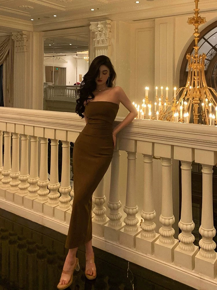 Gorgeous Sheath Strapless Date Night Dress Brown Prom Dresses Birthday Outfits